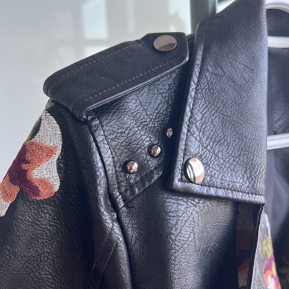 Floral Embroidered Vegan Leather Motorcycle Jacket - Picture 9 of 13